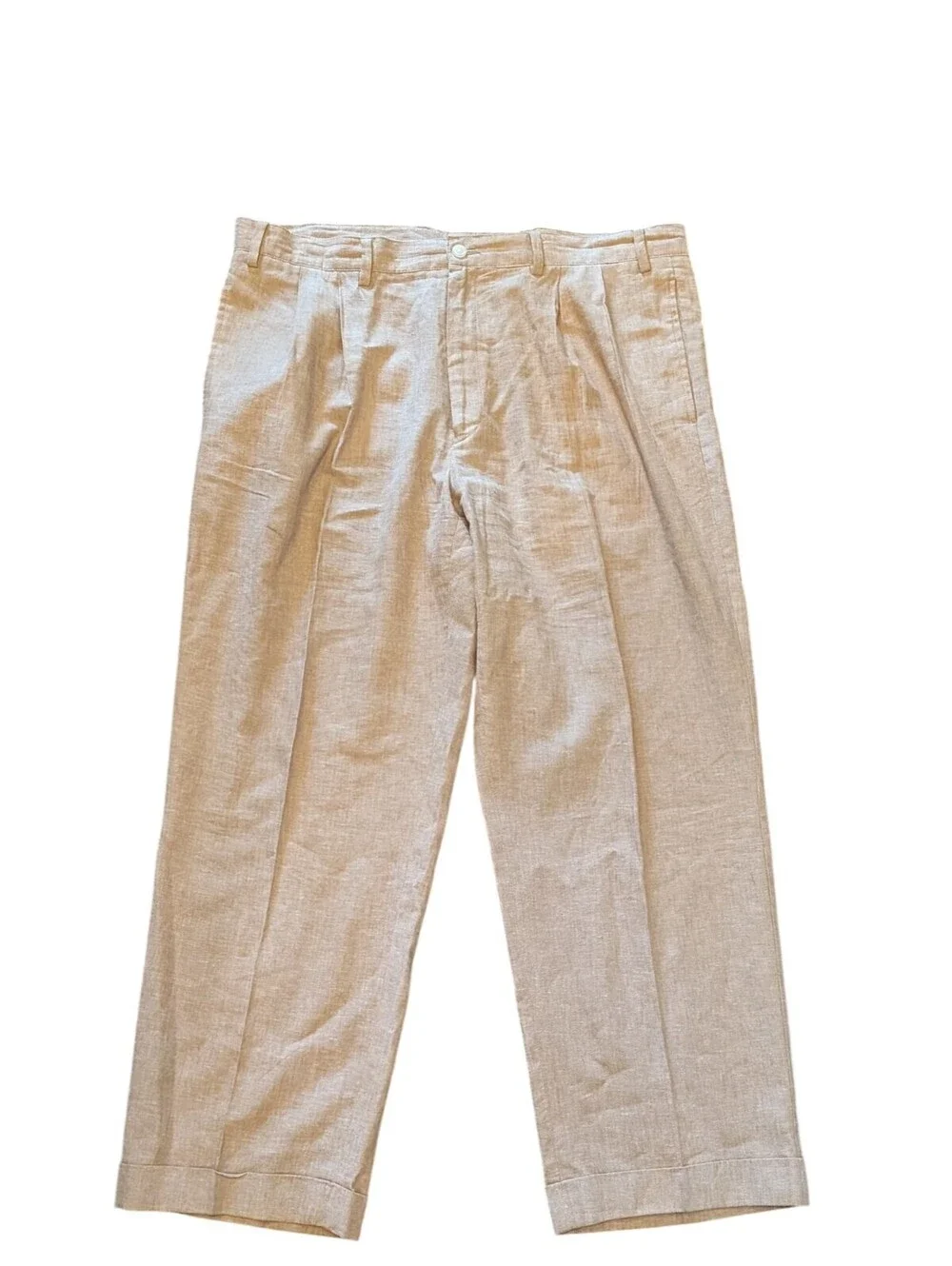 Alan Flusser Mens Linen Rayon Pleated Dress Pants Tan Khaki 38x30 Cuffed